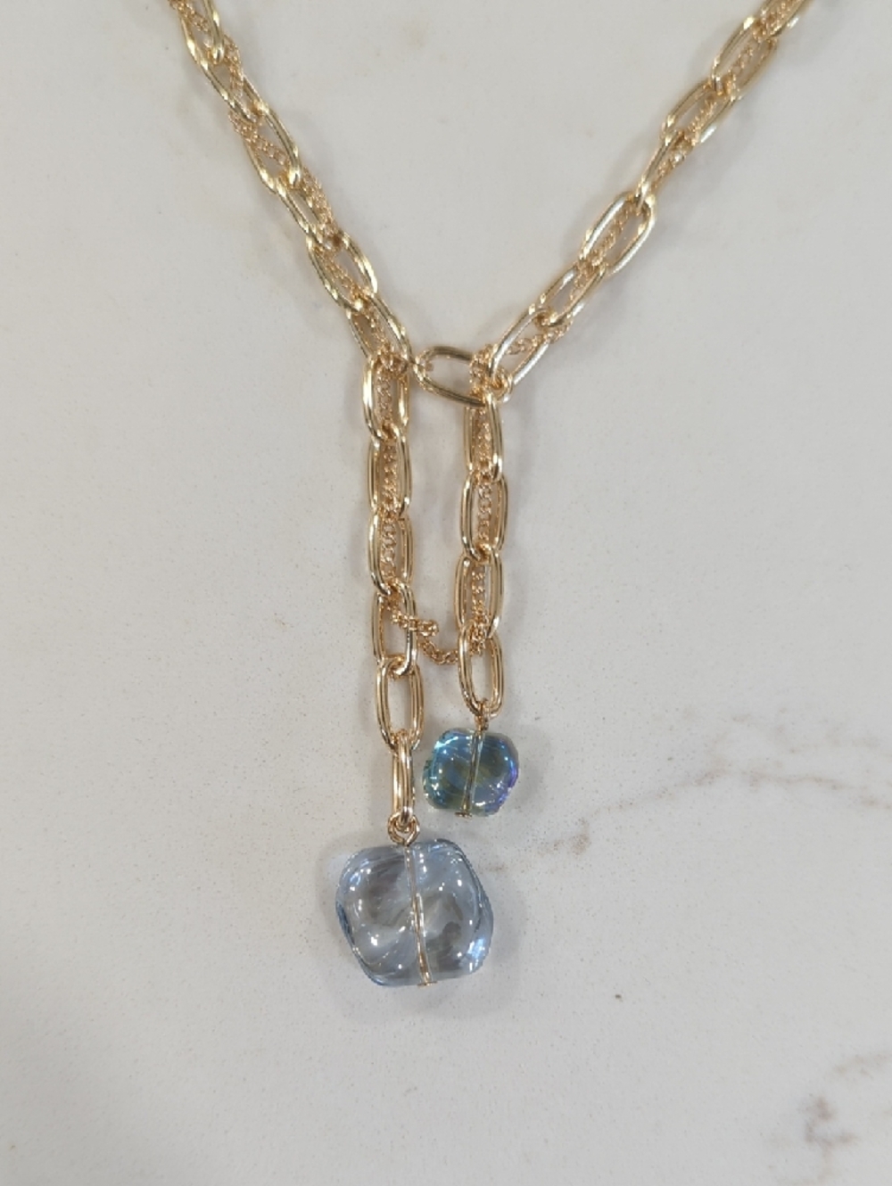 Ann Taylor Gold Chain In Chain Necklace with Pale Blue Crystal Drops - Picture 2 of 9